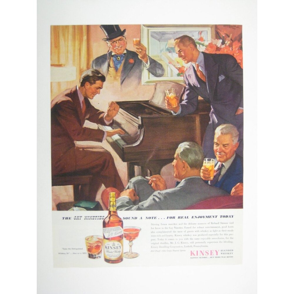 1944 Vintage Print Ad The Gay Nineties Kinsey Blended Whiskey Advertising Art
